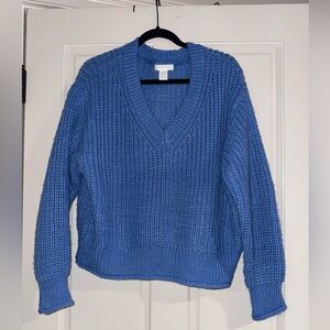 H&M Women's Blue Chunky Knit Long Sleeve V-Neck Ribbed Sweater